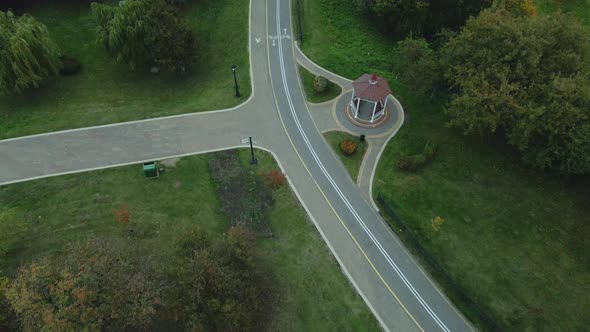 Flight over the autumn park in cloudy weather.