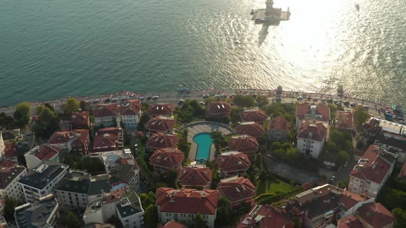Hotel Resort on Bosphorus Riverside with View on Maiden's Tower in Beautiful Afternoon Light, Slow