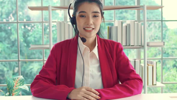 Video Call Camera View of Businesswoman Talks Actively in Videoconference