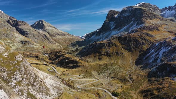 Julier pass, Switzerland. Aerial view of the mountain and the road.
