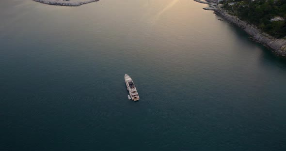 Luxury yacht docked in bay of Santa Margherita Ligure, Liguria; aerial