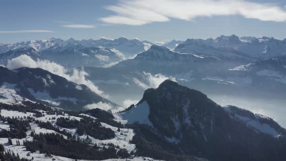 Aerial view of mountain peak in wintertime, Lucerne, Switzerland.