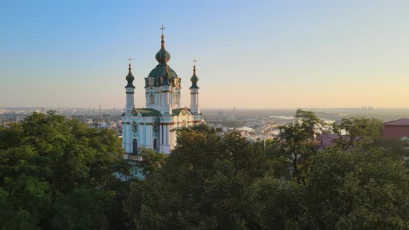 Aerial View of St. Andrew's Church in the Morning. Kyiv, Ukraine