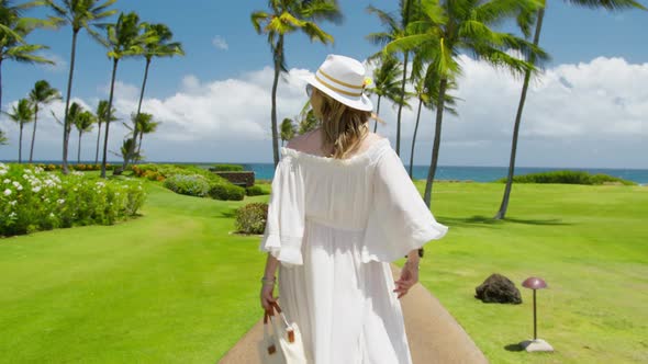 Slow Motion Elegant Lady Happily Walking By Tropical Island on Sunny Summer Day