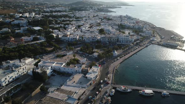 Parikia on the island of Paros in the Cyclades in Greece seen from the sky