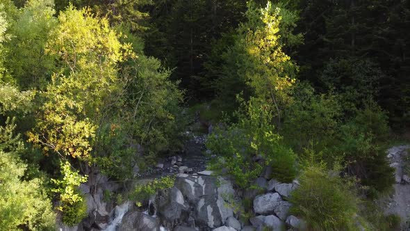 Aerial view of a small river in the mountains during the fall.