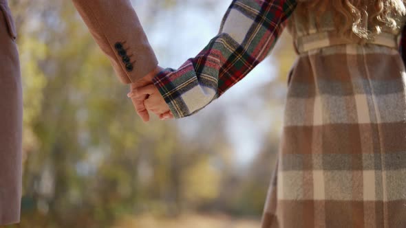 a Man and a Woman in a Coat Hold Hands and Walk Through an Autumn Park on a Sunny Day