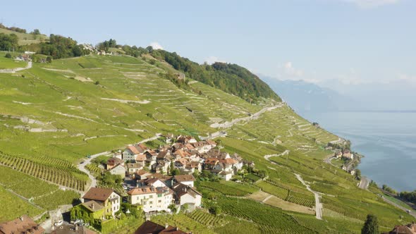 Overflying typical village (Epesses) in Lavaux vineyard - Switzerland