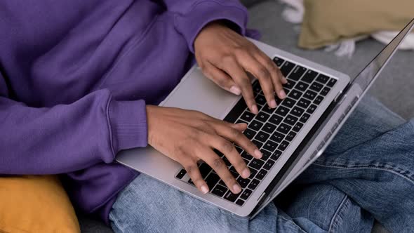 Hands on Keyboard Close Up African American Girl Working Office Work Remotely From Home Black Woman