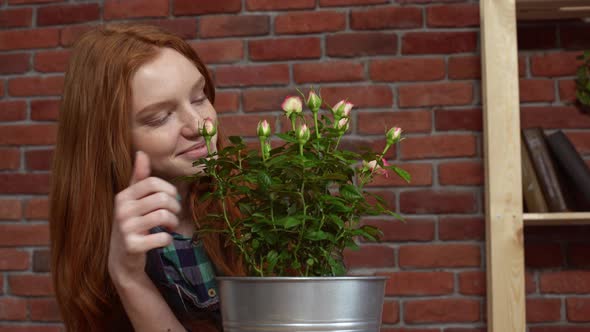 Beautiful Redhead Girl Looking After Flowers