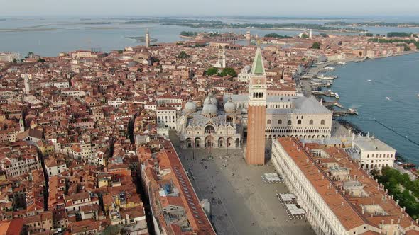 Flying towards St Mark's Basilica (Basilica San Marco) in Venice, Italy, Europe