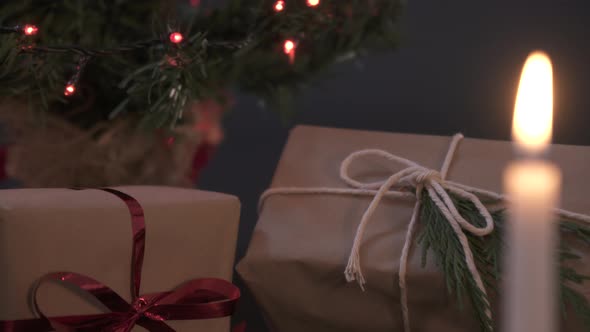 Close up of presents near Christmas tree