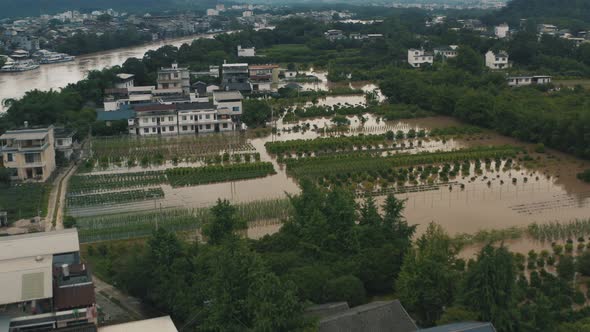 Flood Water Damage in Chinese City of Guilin, Aerial View of Houses