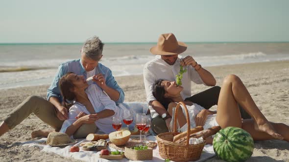 Four Millennial Friends Have Picnic on Sandy Beach at Sunny Day Next Waving Sea
