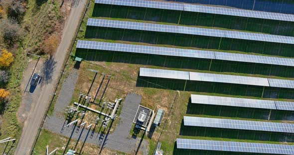 Aerial View Power Plant Green Energy in Solar Panels Photovoltaic Cells