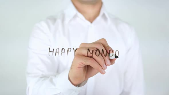 Happy Monday Businessman Writing on Glass