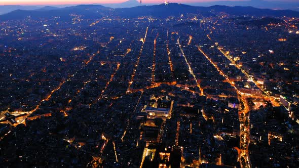Aerial view of Barcelona at sunrise, Spain