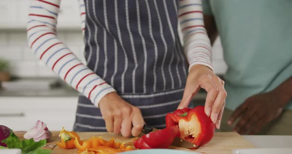 Diverse couple wearing blue apron embracing and cooking in kitchen