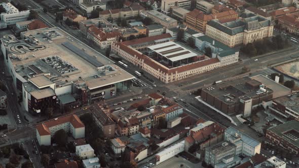 Aerial view of Nitra town main intersection at sunset