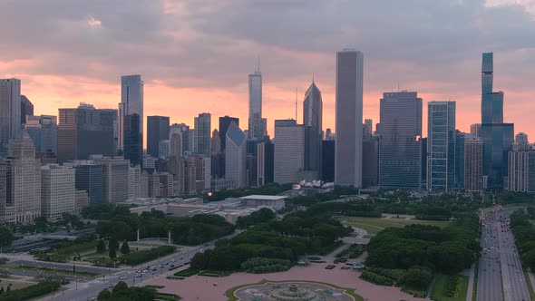 Flying Over Grant Park at Sunset - Chicago