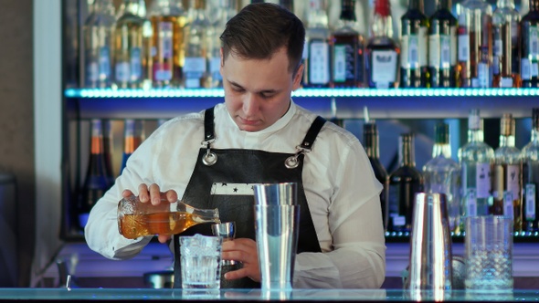 Expert barman is making cocktail at night club