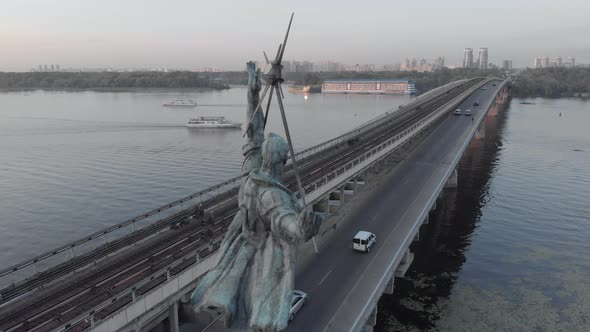 Aerial View of the Metro Bridge. Station Dnipro. Kyiv, Ukraine.