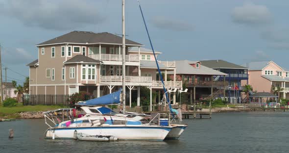 Aerial of affluent Lakefront homes in near Galveston, Texas