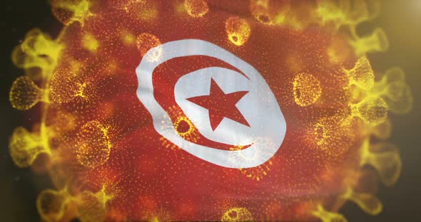 Tunisia Flag With Coronavirus Microbe Centered