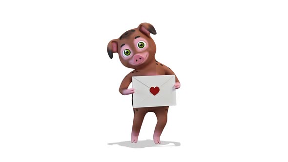 Brown Pig Holding A Letter on White Background