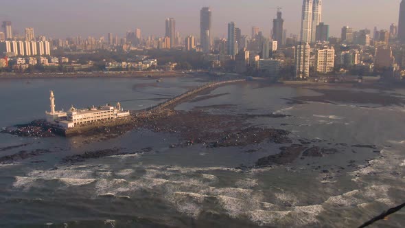 Mumbai, India, Haji Ali Dargah mosque 4k aerial drone footage sunset time