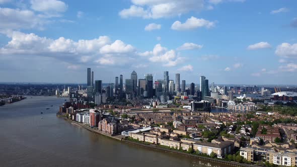 Aerial view of Canary Wharf in London, England on sunny summer day