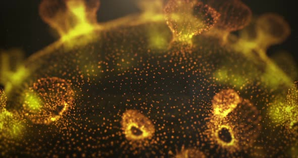 Covid Corona Virus Bacteria Closeup Spinning With Particles Background