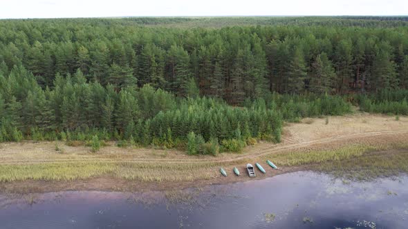 Flight Over the Taiga Forest Lake