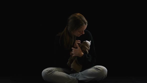 Wretched Woman Hugging Toy Imagining Baby, Obstetric Violence Victim, Depression