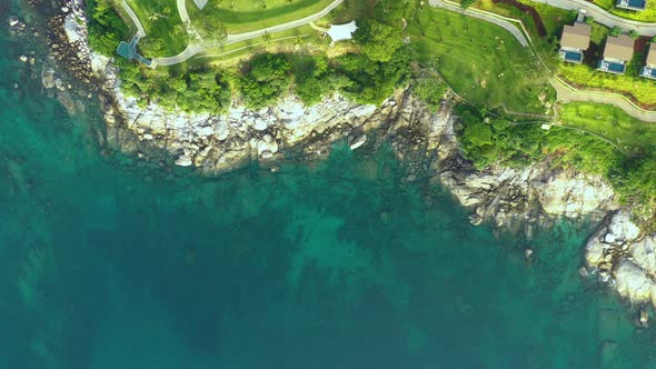 Aerial panorama of tropical resort territory and beach, beautiful Andaman sea at west coast of Phuke