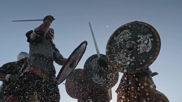 Warriors of Vikings Are Fighting During Attack at Winter Time