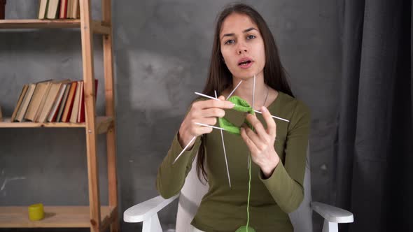 Online Knitting Lesson Latin Woman Showing at Camera Knitting Process Learning By Video Call Blogger