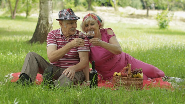 Family Weekend Picnic in Park. Active Senior Old Caucasian Couple Sit on Blanket and Drink Wine