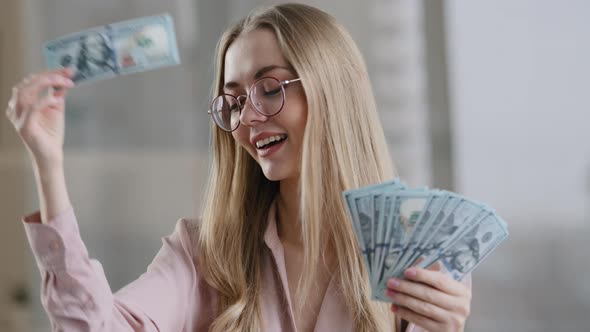 Happy Caucasian Business Woman in Glasses Rich Successful Girl Winner Female Throws Money in Air