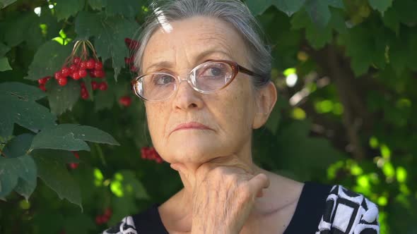 Closeup Portrait of Upset Senior Mature Woman in Eyeglasses Regreting About Something and Holding