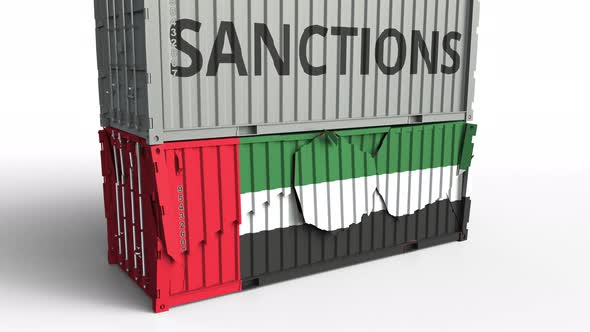 Container with SANCTIONS Text Breaks Container with Flag of the UAE alt