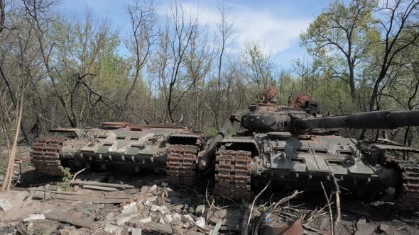 A Destroyed and Burnt Tank of the Russian Army As a Result of a Battle with Ukrainian Troops Near