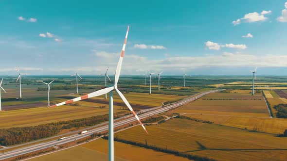 Aerial View of Wind Turbines Farm in Field. Austria. Drone View on Energy Production