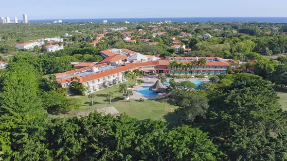 Metro Country Club luxury resort at Juan Dolio in Dominican Republic. Aerial forward  forward