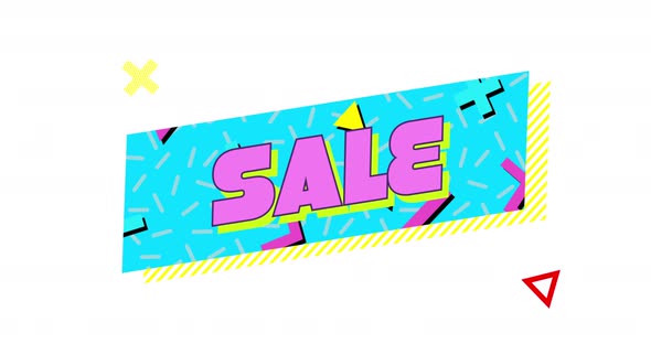 Retro Sale text in ribbon above colourful shapes alt