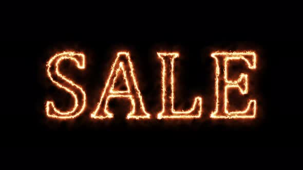 SALE on fire. Animation on a black background letters 4K video is burning in a flame.