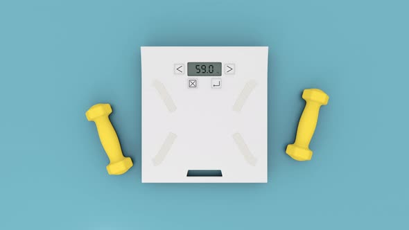 Weighing Scale with Two Yellow Dumbbells on the Cyan Blue Flat Layer Background