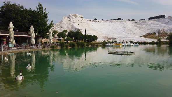 View of ducks in Pamukkale, Denizli, Turkey with the white hill and its reflection in the natural po