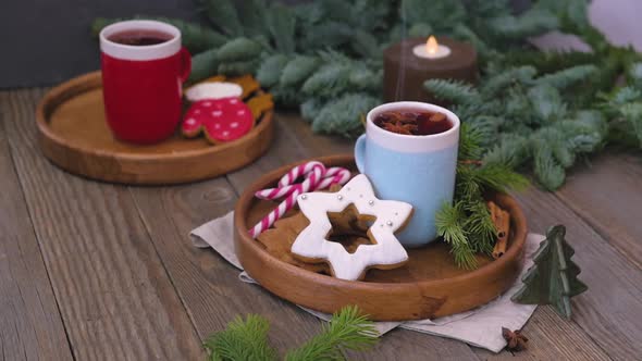 Hot Winter Drink: Chocolate in a Bare Mug. Christmas Time. Cozy Home Atmosphere, Wooden Background