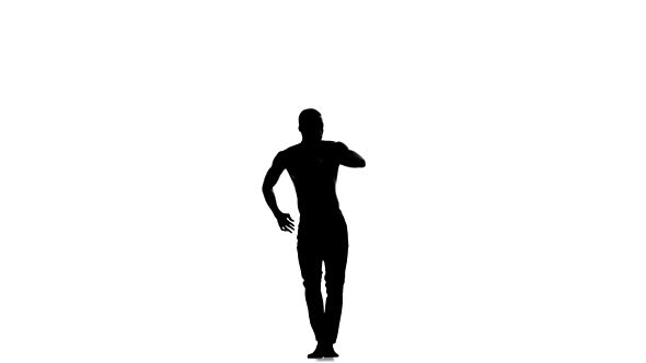 Handsome Afro American Man with Naked Torso Dancing Social Latina Dance on White, Silhouette